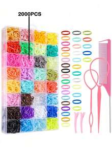 2000pcs Random Color Elastic Hair Bands, 32 Colors Small Rubber Bands Hair Ties, With Hair Styling Tools, Gift For Girl - Multicolor - View 9