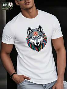 Camiseta Gráfica de Lobo Turco para Hombre - Diseño Herencia Eurasiática con Banderas Azul, Rojo y Verde, Cuello Redondo 100% Algodón Pesado para Uso Diario y Formal, Lavable a Máquina, Camiseta de Verano, Estilo Urbano, Tejido Transpirable, Manga Corta, Moda Callejera, Ropa Adulto, Motivo Cultural - Blanco - Ver 2