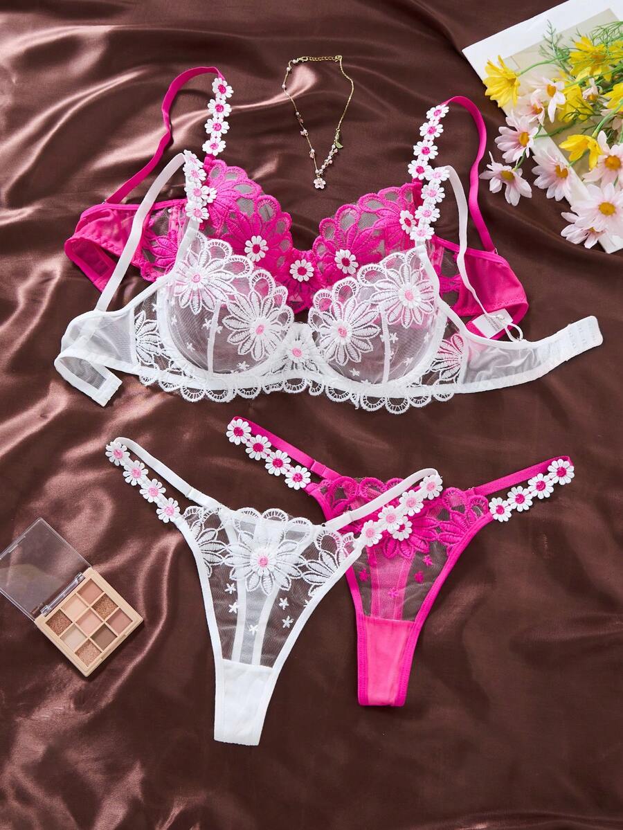 EverydayBra 两套四件套女士白色和粉色花卉刺绣性感内衣套装，半透明雏菊可爱俏皮两件套，包含超短上衣和内裤，打造舒适居家风格 - 彩色 - 查看 1