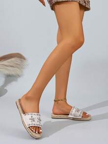 天然亚麻绳底水钻装饰手工舒适女式拖鞋 - 白色 - 查看 2