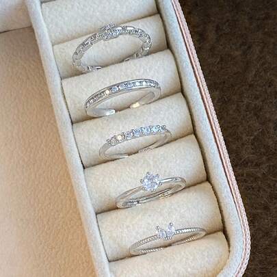 5pcs Luxury Exquisite Micro-Inlaid Zirconia Chain Design Unique Adjustable Copper Rings Set For Women, Daily & Party Wear (No Gift Box)
