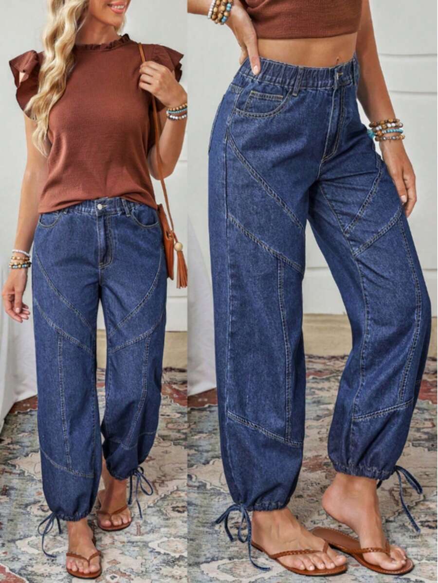 Women's Plain Casual Washed Drawstring Hem Jeans With Pocket - 彩色 - 查看 1