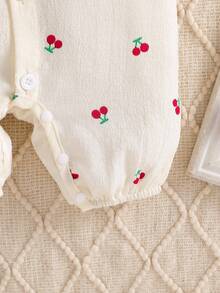 Newborn Baby Girls Cute Cartoon Cherry Woven Round Neck Button Ruffle Contrast Bow Long Sleeve Jumpsuit With Headband