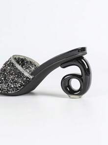 Women's High Heels. Square Toe, Fully Rhinestoned Uppers, Asymmetric Heel, Comfortable. Luxurious, Sparkling Rhinestones, Suitable For Parties, Gatherings, Balls, Shopping, Various Occasions And Festivals, Rhinestone Embellished Solid Color Beach Sandals,Spring Summer Outfits - Black - View 7