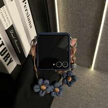 奢华 Y2K 草编图案深蓝色手机壳,牛仔布花朵手链设计,兼容三星 Galaxy ZFlip7、Z Flip6、ZFlip 5 后盖 - 寶藍色 - 查看 6