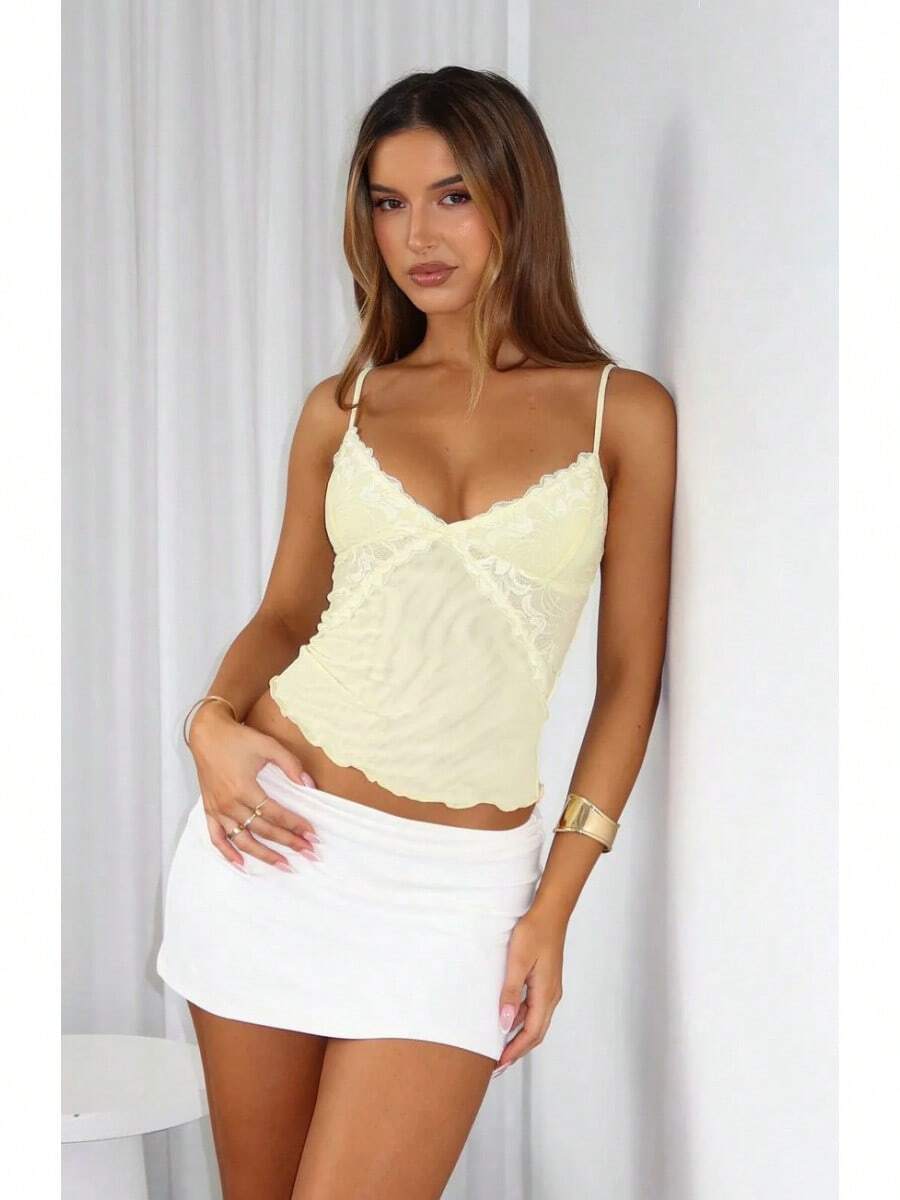 European And American Style Sexy V-Neck Lace Patchwork Solid Color Camisole New Slim Fit Versatile Top - 黃色 - 查看 1