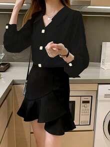 时尚长袖缎面衬衫，设计细节，别致港式风格