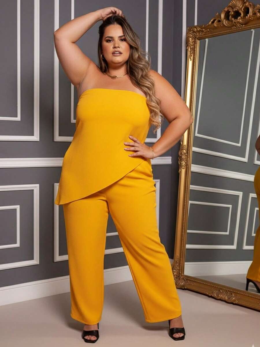 Conjunto Plus Size Feminino Blusa Barra Assimetrica e Calça Wide Leg Reta Cintura Alta Moda Primavera Verão