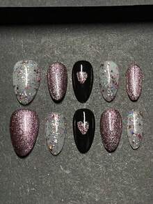 1包/10片 - 午夜星光下的甜蜜酷爱 | 情人节闪亮钻石美甲 - 紫色 - 查看 5