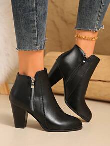 女士冬季真皮高跟踝靴，西部风格侧拉链，假日木纹粗跟，优雅棕/黑色靴子