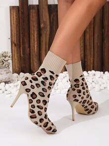 Elegant Leopard Print Knit Elastic Ankle Boots, Pointed Toe Slim Heel Slimming Sock Boots, European & American Style Casual, Work, Party Women Boots, & Versatile - Apricot - View 6