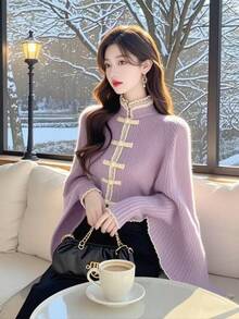 中国風チャイナドレスショールセーター女性用 - ゴールドボタン付きの柔らかいスタンドカラージャケット、結婚式、文化イベント、オフィス用のゆったりとした長袖コート（洗濯機洗い可） - 春秋用パープルトップス - 薄紫 - チェックする 3
