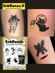 1 Set "Cute Cat" Revolutionary Technology Tattoo Stickers, Semi-Permanent Tattoos, Temporary Tattoos, Long-Lasting, Waterproof, Realistic Tattoo Effect, Plant-Based Formula, Product Number X023 - Black - View 7
