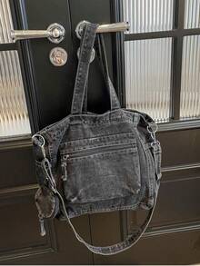 2pcs Fashionable New Retro Style, Large Capacity Tote Bag, Niche Design Solid, Color Casual Simple Shoulder Bag, Portable Adjustable Shoulder Strap Messenger Bag ,Suitable For Work Commuting Students To Class Daily Outings Shopping. - 深灰色 - 查看 8