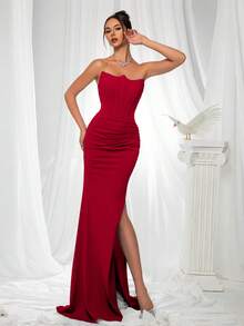 VIPGIRL Pleated Bandeau Backless Tie-Up Slit Maxi Elegant Evening Gown - Red - View 4