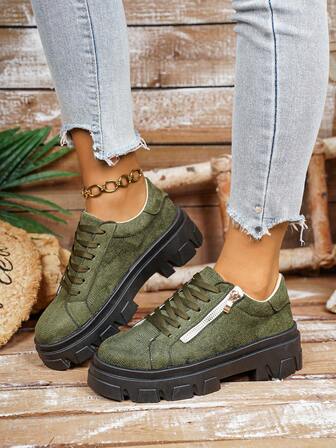 Women's Platform Casual Sneakers, Outdoor Lace-Up Green Metal Eyelets Casual Shoes, Comfortable Classic Side Zipper Round Toe Slip-On Hiking Shoes, Versatile Student Shoes