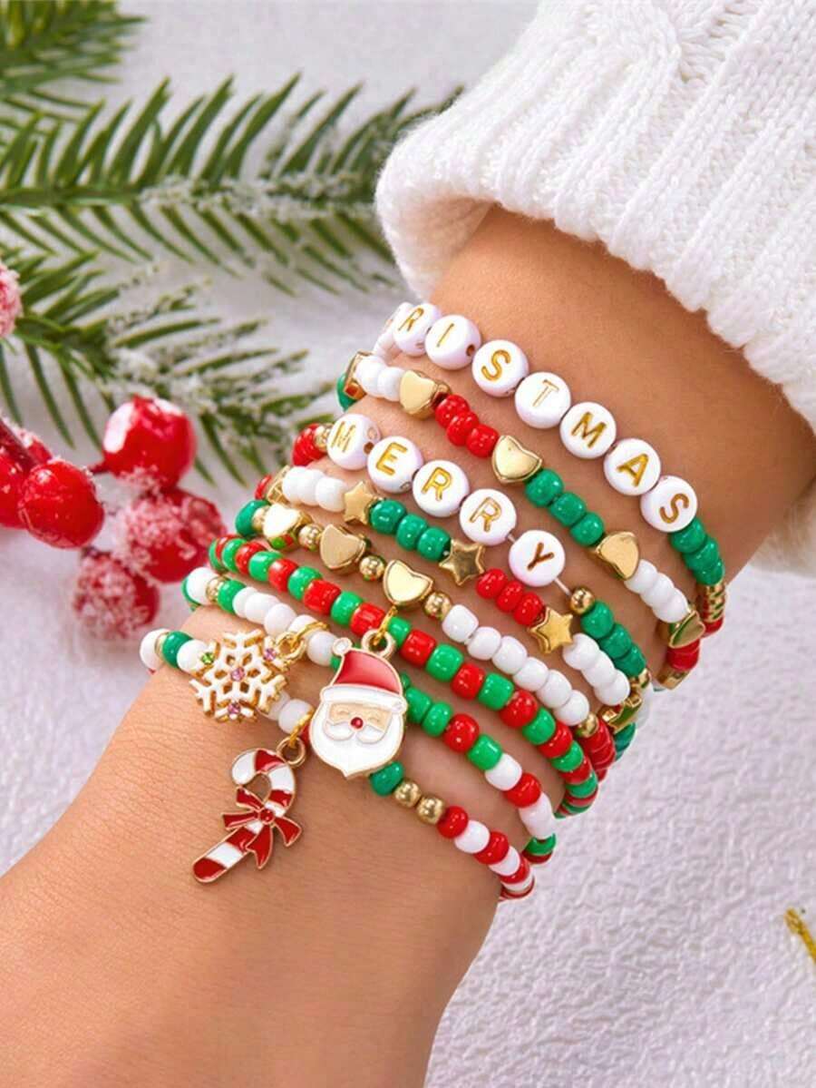 8pcs/Set Christmas Snowflake, Santa Claus, Heart, Star Beaded Bracelet Set, Colorful Beads "MERRY" Letter Charm, Suitable For Christmas Party, Daily Wear, Special Gift For Women - 多色 2 - 查看 1