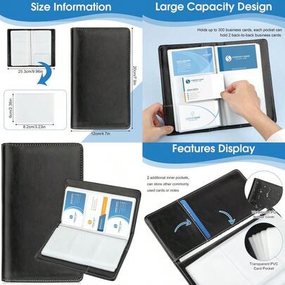 Business Card Organizer 300 Capacity Business Card Book PU Credit Card Organizer Portable Business Card Holder Storage For Men Women 7.9 X 4.7 Inch Black