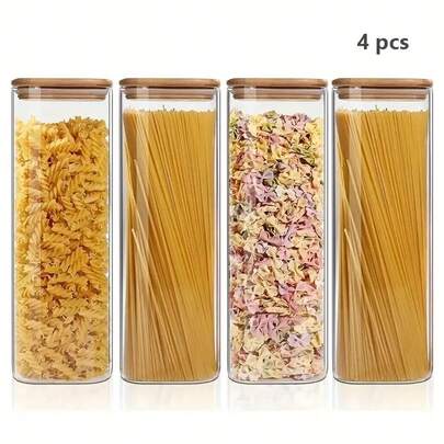 2/4个装玻璃食品储物罐，配有密封竹盖，大容量，超大储物空间，防漏，耐用方形玻璃罐，适用于存放意大利面、麦片、大米、糖、茶叶、咖啡等，是厨房收纳的理想之选。