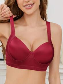 Hersunei 蜜桃女孩酒红色亮面钢圈文胸 - 宽舒适肩带，性感流畅设计，钢圈支撑，适合全天穿着，展现性感魅力 - 酒紅色 - 查看 3
