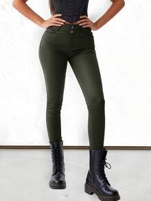 Apperloth A Quần nữ Nút Túi Dây kéo màu trơn Hấp dẫn - xanh quân đội - Xem 5