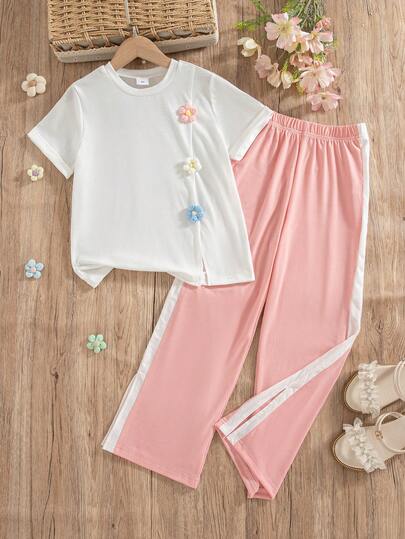 2pcs/Set Girls Casual Everyday Wear Fashion Solid Color 3D Floral Decor Round Neck Short Sleeve T-Shirt And Long Pants, Summer
