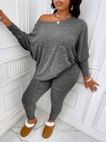 BIUBIU 大码女式纯色圆领蝙蝠袖上衣和裤子休闲套装，春秋季优雅款 - 花灰色 - 查看 6