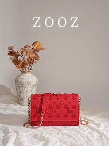 New Solid Color PU Leather Chain Bag, Vintage Rivet Decor Shoulder & Crossbody Bag - Red - Red - View 4