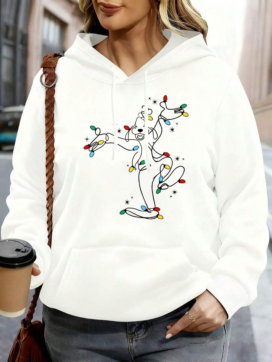 Disney Women Hoodie White Christmas Lights Mickey Mouse Print Casual Winter Outwear - 白色 - 查看 1