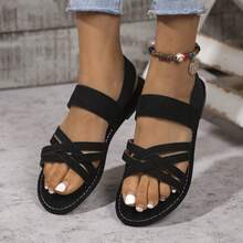 Women's Solid Color Flat Sandals, Casual Elastic Band Summer Shoes, Slip-On Beach Shoes