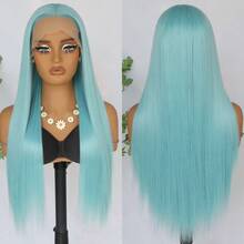 13x4 Lace Front Wig For Women Synthetic Long Silky Straight Hair Free Part Frontal Lace Heat Resistant Soft Fiber Ice Blue Color Wig 26 Inches 180% Density Pre Plucked For Daily Makeup Use Ready To Wear - Blue - View 6