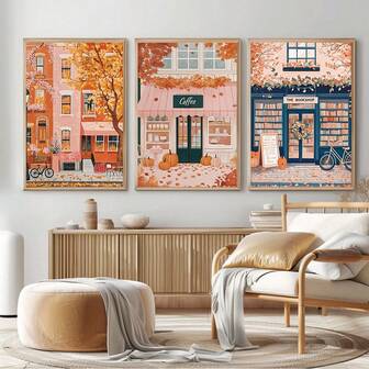 1/3张秋季植物墙画海报 - 路边落叶咖啡装饰画 - 适用于卧室、客厅、书房、走廊、房间墙面装饰艺术 - 可打印图片海报（无框/有框）