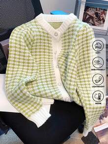 JIANHU Spring New Pink And White Plaid Sweater Cardigan With Heart Buttons, Sweet Girl Style, Soft And Vintage Long Sleeve Knitwear
