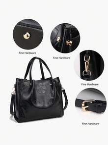 Elegant Floral Embossed Synthetic Leather Satchel Handbag For Women - Adjustable Shoulder Strap,  Zipper Closure, Versatile Work & Casual Purse, Daily Use Accessory, Sophisticated Design - 黑色 - 查看 3