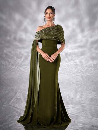 YISIKADO Vestido de gala elegante para mujer, vestido de noche formal con un hombro con chal con adornos de rhinestone, sin mangas, silueta de sirena con falda acampanada, adecuado para bailes, fiestas, bodas, galas, graduaciones, eventos formales, celebraciones, conciertos, alfombras rojas y talla grande