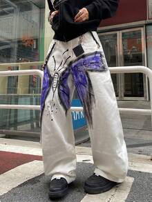 1件美式街头风男士手绘阔腿牛仔裤，宽松百搭休闲牛仔裤（不含腰带和配饰） - 白色 - 查看 7