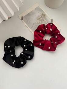 Luxurious Velvet Faux Pearl Hair Scrunchie, French Style Elegant Hair Accessory For Ponytail & Updo Hair Ties Ponytail Holders Hair Elastics Hair Rubber Bands Scrunchies Hair Rope Elastic Hair Tie, Hair Bobbles Head Accessories Elastic Band - Multicolor - View 9