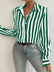 Contrast Color Block Striped Button Front Women Shirt, Loose Striped Blouse For Women Slimming Vintage Niche Versatile Top, New Year Spring Vacation - Green - View 7