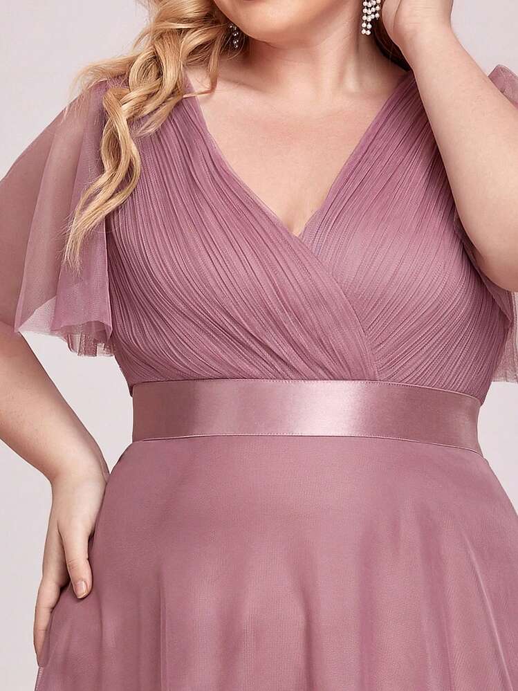 Plus Size Elegant V-Neck Dusty Pink Bridesmaid Long Dress, Ruffle Trim Short Sleeve, Suitable For Wedding, Party Spring - Dusty Pink - View 5