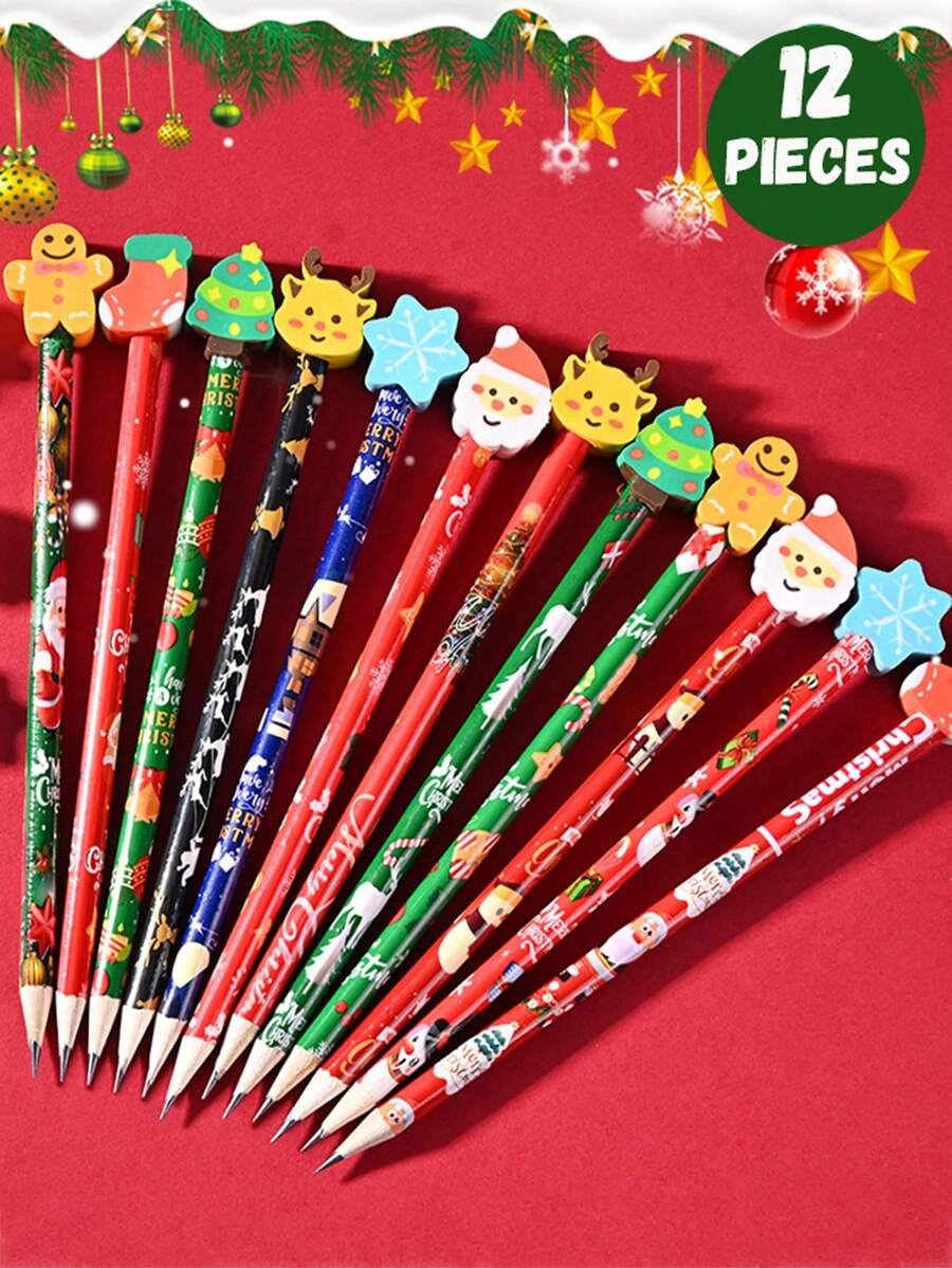 12pcs Christmas Big Leather Pencil, Cartoon Kindergarten Elementary School Students Can Eraser Christmas Prize Gift