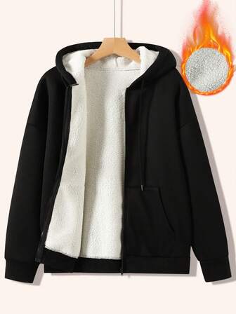 女士纯色多功能羊羔绒外套，宽松拉链连帽卫衣，秋冬季