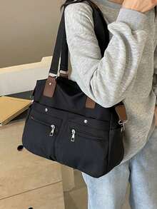 Bolso de mano y bolso de hombro de unicolor con múltiples bolsillos, diseño unisex de moda