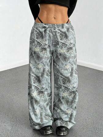 FQLWL Fall Casual Vintage Wide Leg Loose Long Pants Petite Size Graphics Print Streetwear Bottoms For Women