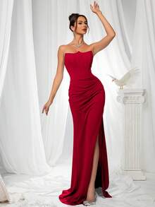 VIPGIRL Pleated Bandeau Backless Tie-Up Slit Maxi Elegant Evening Gown - Red - View 1