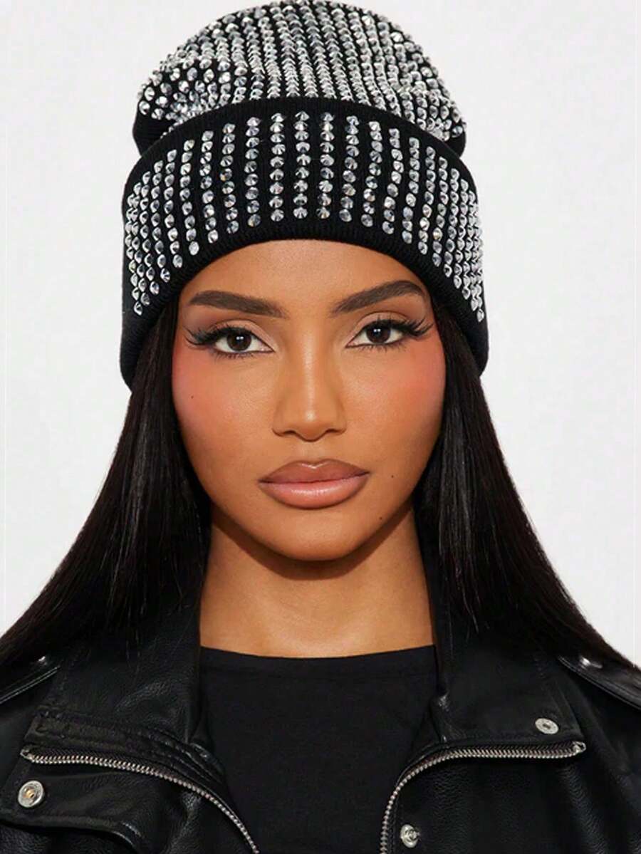 1pc Shiny Sequin Cuffed Knit Beanie Hat, Rhinestone Decor, Unisex, Stretchy Skull Cap For Winter - Multicolor - View 1