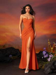 VIPGIRL Orange Strapless Slit Elegant Bridesmaid Dress - Orange - View 1