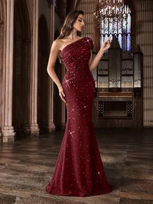 Elegant Women's Ombre Asymmetric Neckline Rhinestone Embellished Formal Dress - Burgundy - View 6
