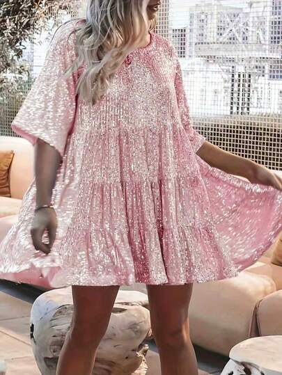 Women's Sequin Embellished Round Neck 3/4 Sleeve Loose Babydoll Dress Pink Summer Elegant