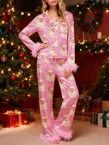 Women Y2k Silk Satin Christmas Pajamas Sets Xmas Tree/Santa Claus Print Plush Trim Long Sleeve Sleepwear Holiday Print Two Piece Pjs Pants PJs Set Loungewear - 粉色 - 查看 4