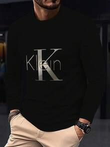 男士3D数码印花长袖T恤 - 圆领休闲上衣，采用时尚字体设计，轻盈透气的弹力面料，适合春秋季日常穿着，舒适度高 | 现代休闲风 | 适合作为送给父亲或男友的节日礼物 - 黑色 - 查看 1